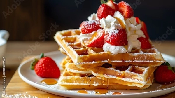Obraz Stack of waffles topped with whipped cream strawberries and syrup on a white plate on a wooden board