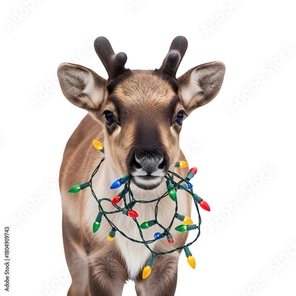 Fototapeta Cute reindeer holding lights, isolated on transparent background ultrarealistic