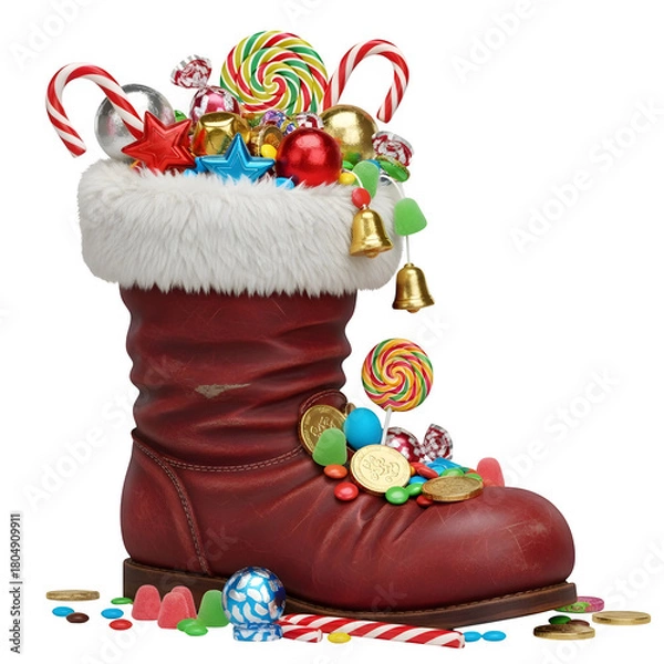 Fototapeta Santa boot filled with candy, isolated on transparent background ultrarealistic