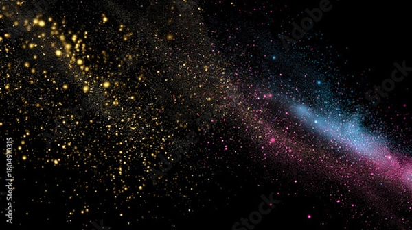 Fototapeta Floating golden stardust particles with soft glowing light on pure black background, high contrast isolated elements for festive design or video compositing