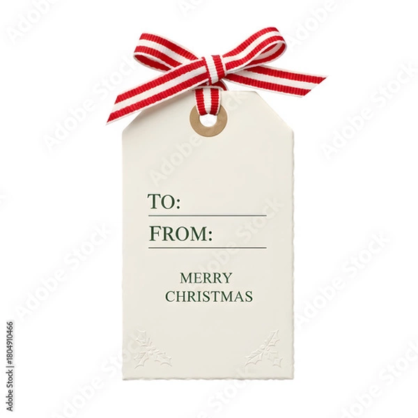 Fototapeta Christmas tag label with ribbon, isolated on transparent background ultrarealistic