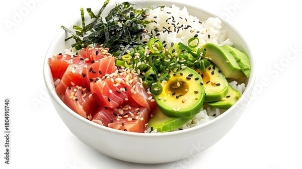 Obraz A bowl of poke with rice, salmon, avocado, seaweed, and green onions on a white background