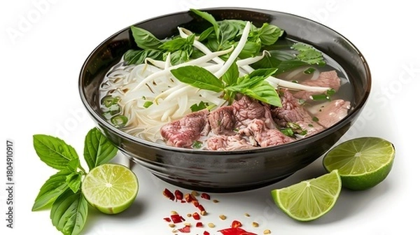 Obraz A bowl of pho with beef and bean sprouts garnished with basil and lime wedges on a white surface