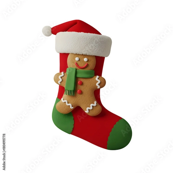 Fototapeta Christmas stocking with gingerbread man, isolated on transparent background ultrarealistic