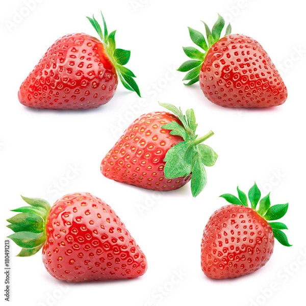 Fototapeta Set of five perfectly cleaned strawberries with leaves isolated on the white background with clipping path.