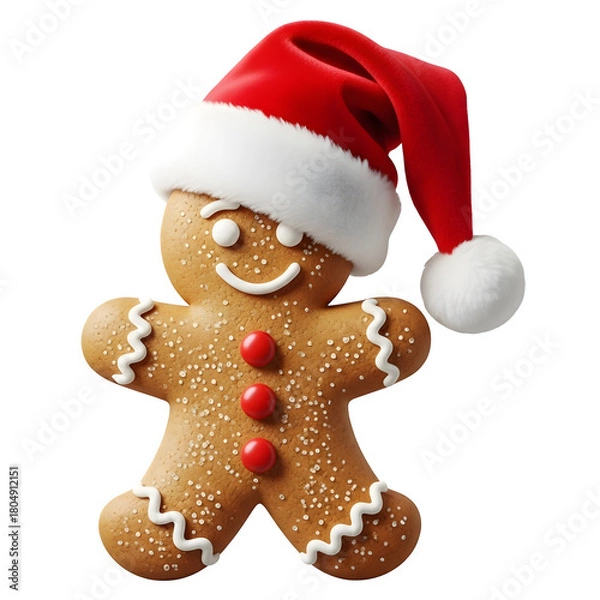 Fototapeta Gingerbread man with Christmas hat, isolated on transparent background ultrarealistic