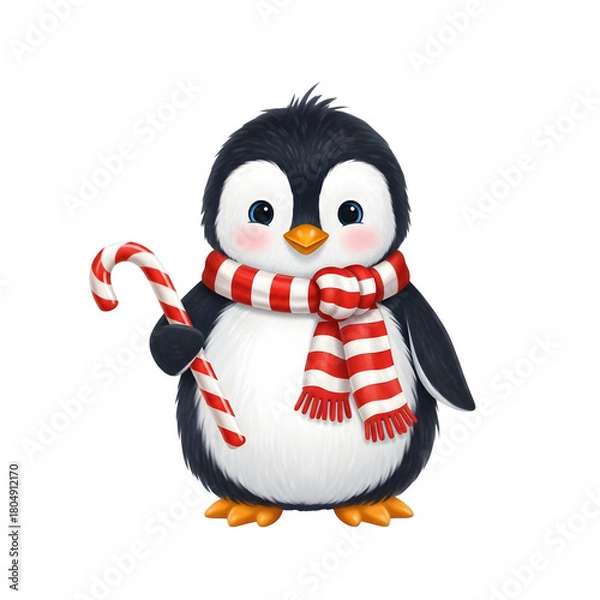 Fototapeta Adorable penguin holding a candy cane, isolated on transparent background ultrarealistic