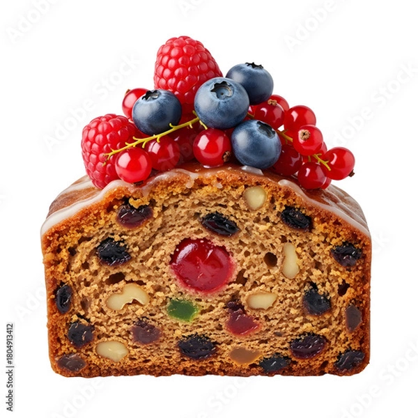 Fototapeta Fruitcake slice with berries, isolated on transparent background ultrarealistic