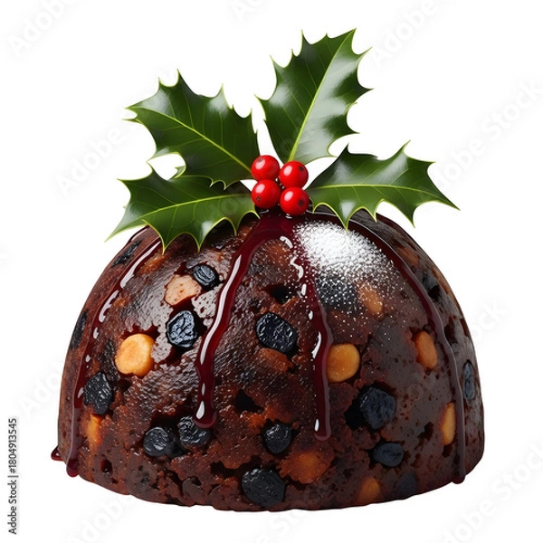 Fototapeta Christmas pudding with holly, isolated on transparent background ultrarealistic