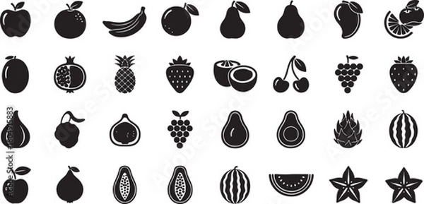 Obraz Assorted Fruit Silhouettes Black and White Vector Graphic Collection Fresh Food