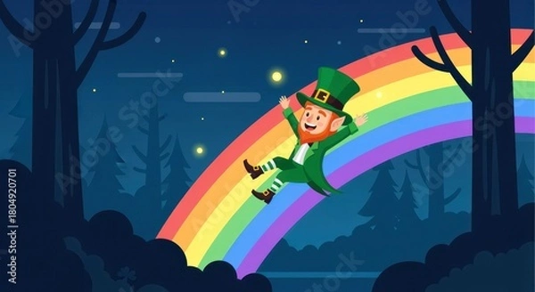 Fototapeta A cheerful leprechaun in a green outfit slides down a vibrant rainbow under a starry night sky, surrounded by dark trees.