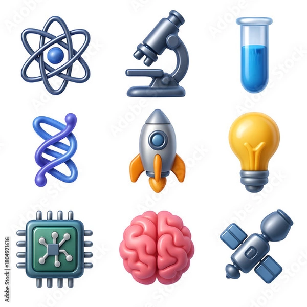 Fototapeta Collection of 3d icons representing science, technology, research, innovation, education, and future advancements