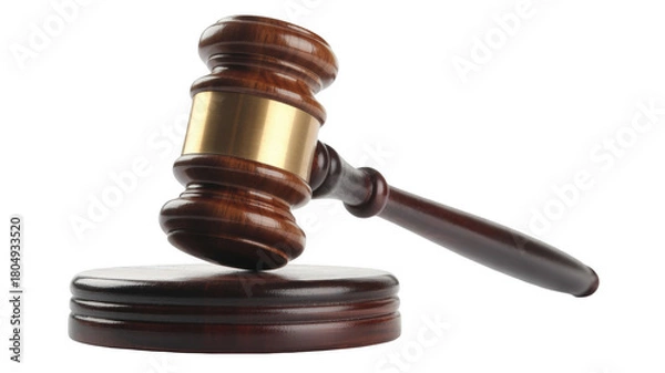 Fototapeta Wooden judge gavel and sound block symbol of law and justice isolated on white background