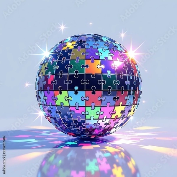 Obraz Autism-color disco ball shaped like a sphere made of puzzle pieces, mirror shine, neon highlights