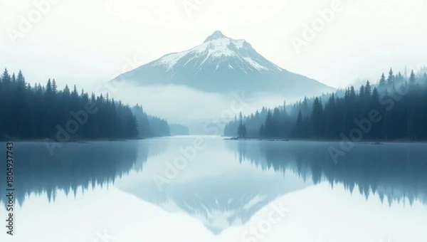 Obraz Serene mountain reflection in calm lake surrounded by pine forest