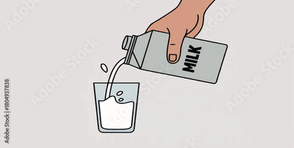 Fototapeta Hand Pouring Fresh Milk from Carton into Glass Vector Illustration: Healthy Dairy Beverage Preparation Concept for Breakfast, Calcium Nutrition, Food Packaging, and Diet Graphic Design Projects