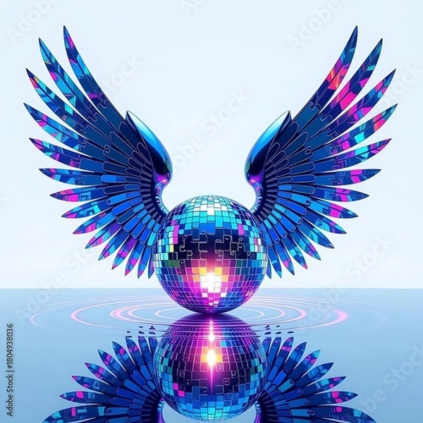Obraz Autism-color puzzle wings holding a small glowing disco orb, chrome shine