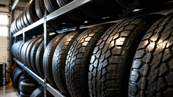 Fototapeta New tires on shelves, ready for installation, promising safe driving and reliable performance for your vehicle maintenance needs now