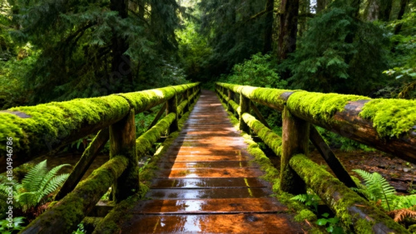 Obraz Discover a serene mossy wooden bridge in a tranquil forest paradise perfect for nature lovers and eco-tourism promotions, vibrant and inviting