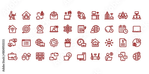 Fototapeta Working from home icon set. Containing remote working, freelance, hybrid work, digital nomad, office, work at home and more. Editable line icons. Vector illustration.
