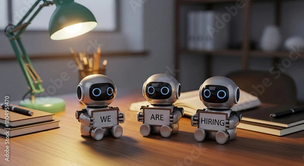 Fototapeta Robots Hiring Concept – Futuristic Recruitment Copy Space Poster, robot hiring, futuristic recruitment, AI hiring, recruitment poster, hiring concept, copy space design, robot workforce, digital hire
