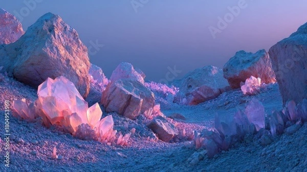 Fototapeta A breathtaking landscape, illuminated by soft, pastel light, showcasing large, translucent crystals nestled amidst weathered rocks.