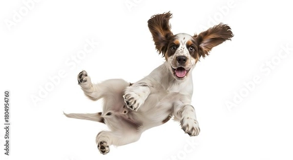 Fototapeta Playful springer spaniel puppy leaping through the air