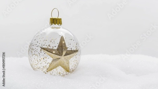 Fototapeta Transparent Christmas ornament with a golden star inside, resting on a bed of soft white snow, creating a festive and serene winter atmosphere for holiday celebrations