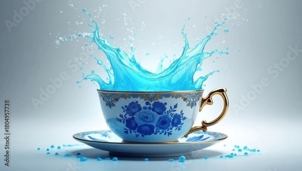 Obraz Bright blue liquid splash exploding out of an elegant floral teacup