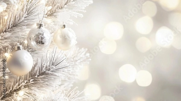 Fototapeta White Christmas tree adorned with shimmering ornaments and soft lights, creating a magical holiday atmosphere with blurred bokeh background for festive celebrations
