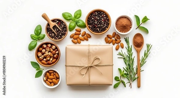 Fototapeta Gift box with coffee beans nuts herbs and spices on white background