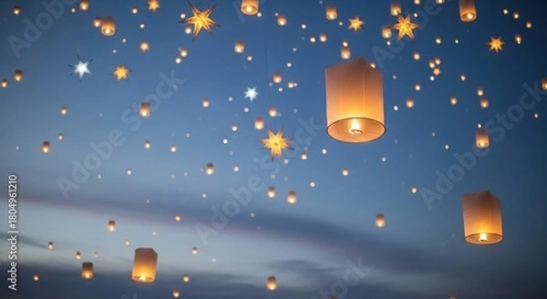 Obraz Thousands of Sky Lanterns Illuminating the Twilight Sky with Stars