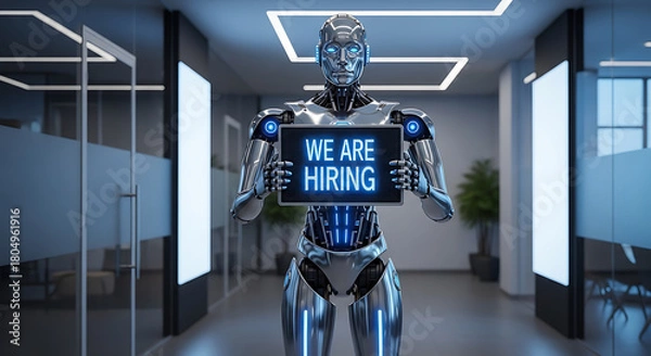 Obraz Robots Hiring Concept – Futuristic Recruitment Copy Space Poster, robot hiring, futuristic recruitment, AI hiring, recruitment poster, hiring concept, copy space design, robot workforce, digital hire
