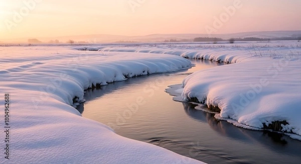 Obraz Frozen river winding through snow covered landscape at sunrise