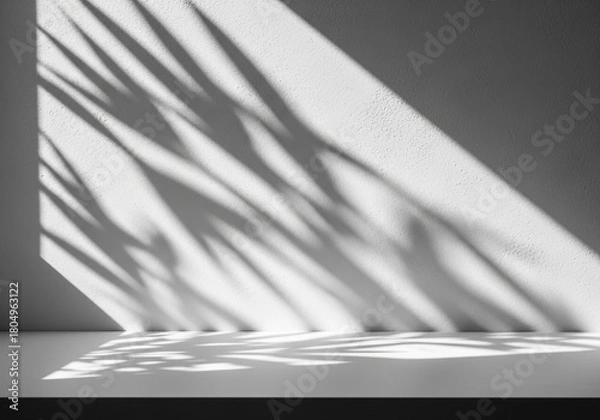 Fototapeta Shadows of palm leaves cast on a white wall and floor, creating a minimalist and serene atmosphere