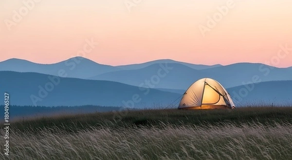 Obraz Glowing tent in mountains at sunset with soft pastel sky