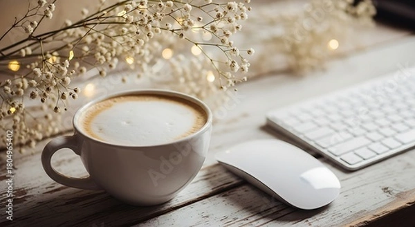 Fototapeta Cozy coffee break with computer and warm fairy lights