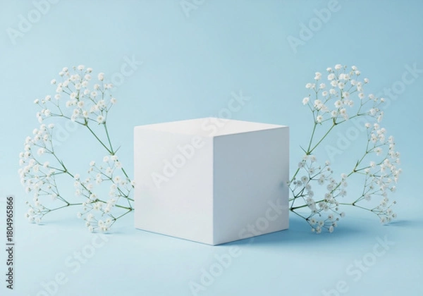 Fototapeta A minimalist white cube pedestal adorned with delicate white babys breath flowers on a soft blue background