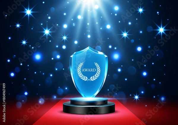 Fototapeta A glowing blue shield award sits on a pedestal under spotlights and falling stars, symbolizing achievement and recognition on a grand stage