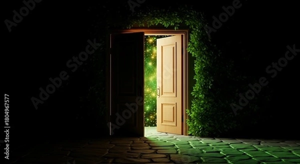 Fototapeta Open wooden door revealing a bright lush garden and cobblestone path