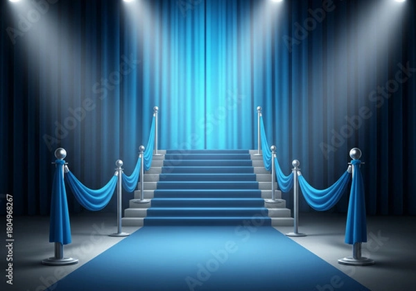 Fototapeta A grand blue carpet leads up a wide staircase to a stage, illuminated by spotlights against a backdrop of elegant blue curtains, creating a sense of occasion and prestige
