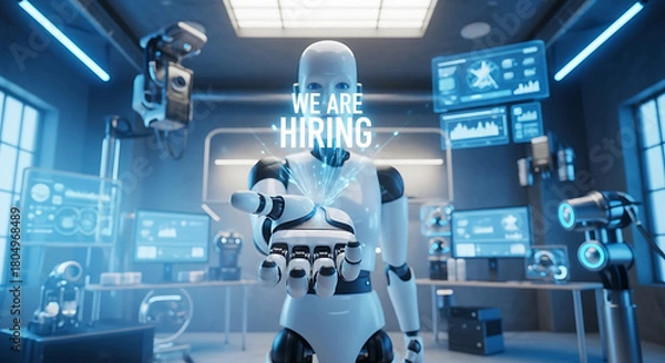 Obraz Robots Hiring Concept – Futuristic Recruitment Copy Space Poster, robot hiring, futuristic recruitment, AI hiring, recruitment poster, hiring concept, copy space design, robot workforce, digital hire
