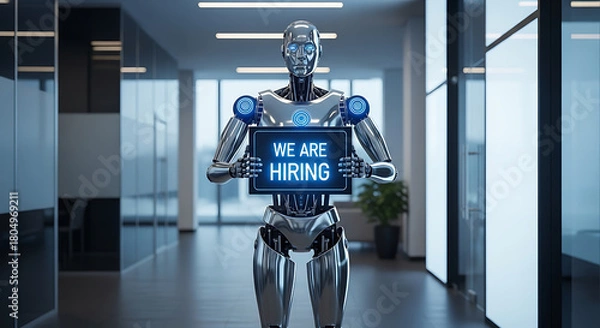 Obraz Robots Hiring Concept – Futuristic Recruitment Copy Space Poster, robot hiring, futuristic recruitment, AI hiring, recruitment poster, hiring concept, copy space design, robot workforce, digital hire
