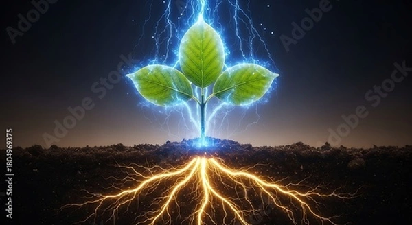 Fototapeta Glowing plant with energetic roots and lightning