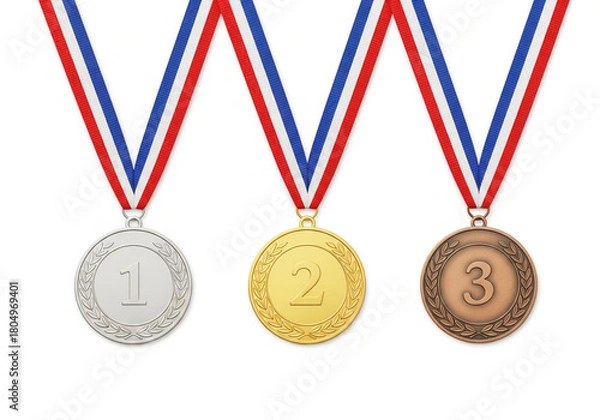 Fototapeta Three medals for first, second, and third place winners, isolated on white background