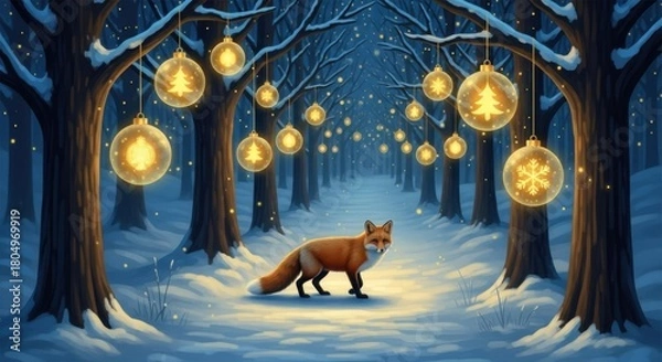 Obraz A solitary fox wanders through a magical winter forest illuminated by festive golden ornaments