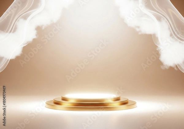 Fototapeta A luxurious golden podium illuminated by a spotlight, with elegant white drapes framing the scene, creating a sense of grandeur and prestige