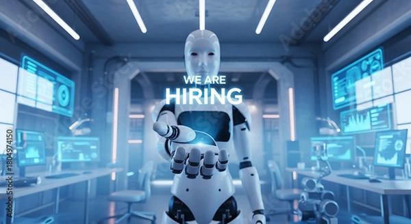 Obraz Robots Hiring Concept – Futuristic Recruitment Copy Space Poster, robot hiring, futuristic recruitment, AI hiring, recruitment poster, hiring concept, copy space design, robot workforce, digital hire
