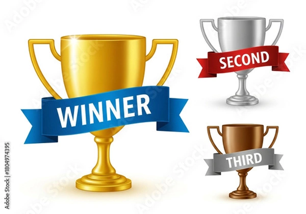 Fototapeta Golden winner trophy with blue ribbon, alongside silver second and bronze third place trophies, isolated on white background