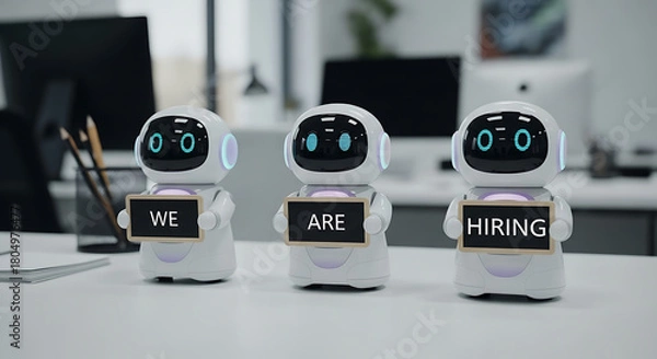 Obraz Robots Hiring Concept – Futuristic Recruitment Copy Space Poster, robot hiring, futuristic recruitment, AI hiring, recruitment poster, hiring concept, copy space design, robot workforce, digital hire
